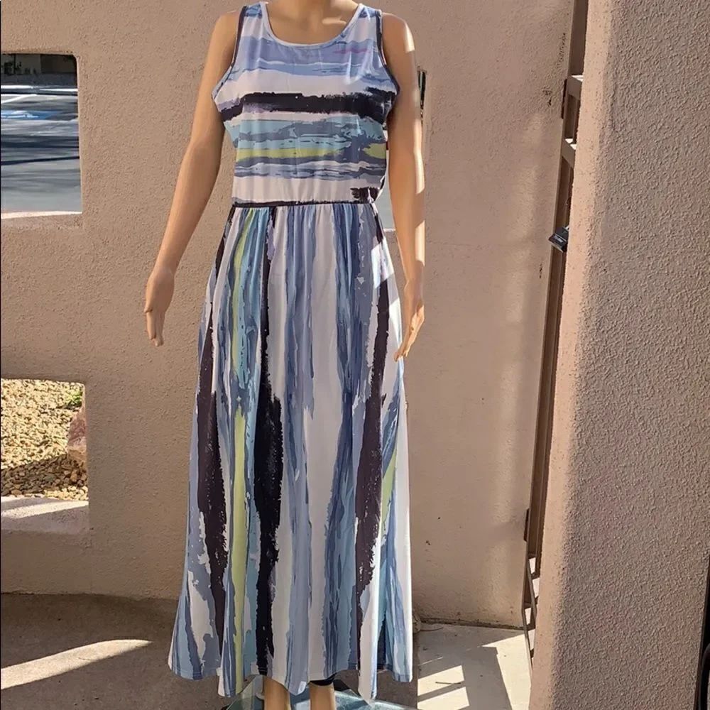 Aooksmery Women’s Striped Blue White Black Short Sleeve Maxi Dress Pockets Large